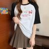 College Style Outfit with Large Size Rag-shoulder Color Block Short-sleeved Cotton T-shirt for Girls In Spring and Summer New Loose Round Neck Top