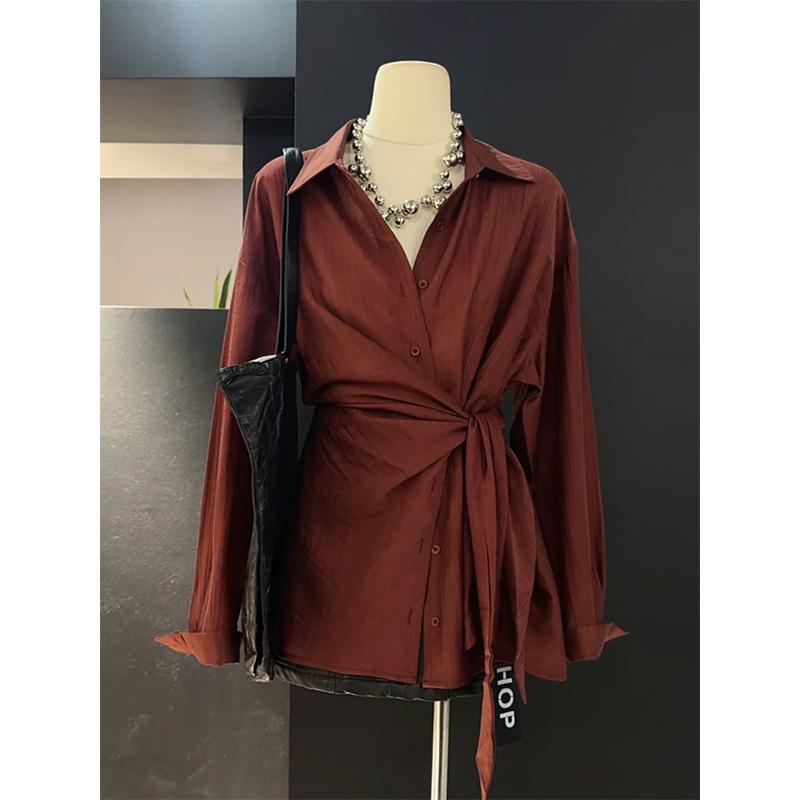 Asymmetrical Red Tie-Waist Long-Sleeve Shirt, French Chic Retro Style for Early Autumn. S