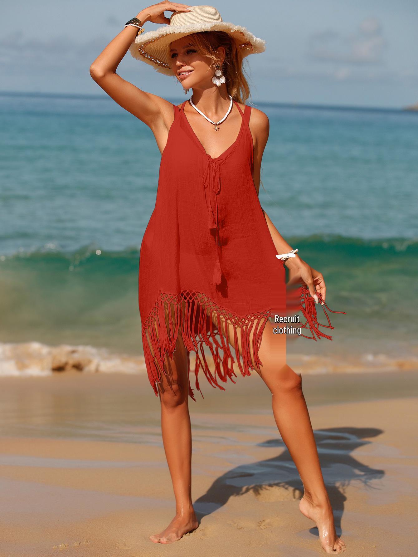 

Европейский и американский купальник-прикрытие с кисточками на спине, без спины, на тонких бретелях-спагетти, для пляжного отдыха One Size красный