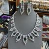 Austrian Court Peacock Emerald Water Drop Necklace Vintage Plated 18K Gold, Feather Zircon Earrings Set