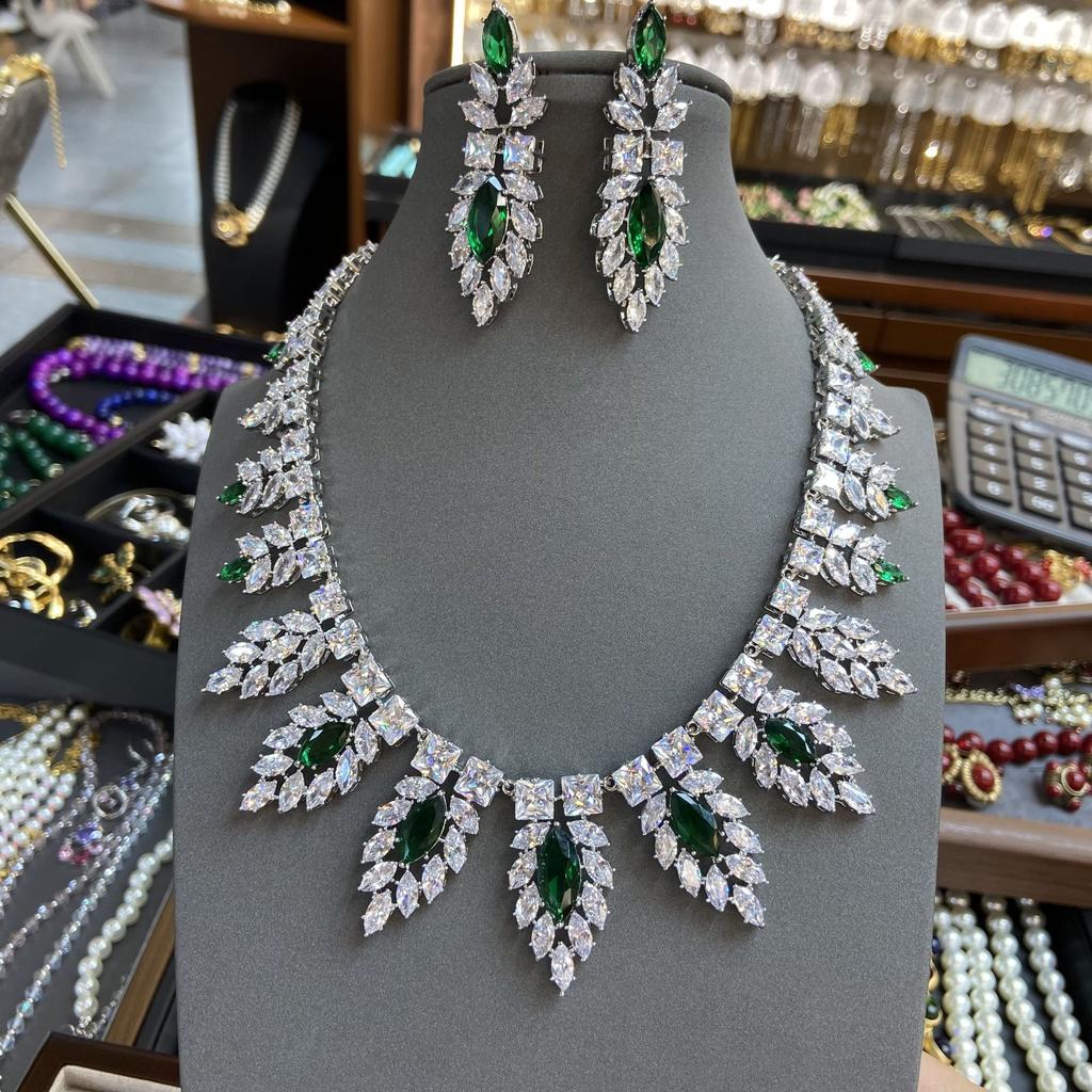 Austrian Court Peacock Emerald Water Drop Necklace Vintage Plated 18K Gold, Feather Zircon Earrings Set