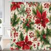 Red Poinsettia & Green Leaf Holiday Shower Curtain with Hooks - Machine Washable Polyester Bathroom Decor, Christmas Winter