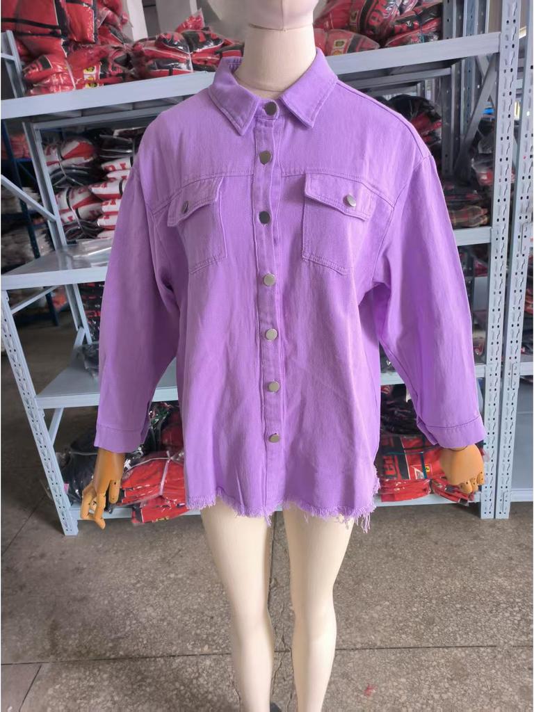 Women's Frayed Hem Denim Shirt Jacket - European & American Street Style for Autumn/Winter.