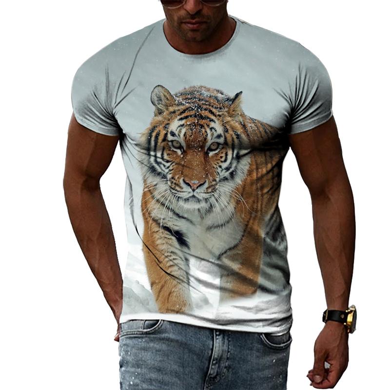 Fashion Handsome Animal Tiger Print Men T-shirt Summer Trend Casual Personality Hip Hop Street Style O-neck Short Sleeve T-shirt