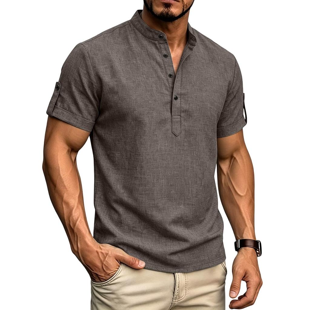 Herren Freizeit Henley-Shirt Kurzarm Geknöpfter Kragen Leichtes Atmungsaktives Gewebe Sommer Oberteil für den Alltag