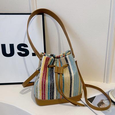 Einfache Bunte Grasstoff Bucket Bag für Damen Feminine Schultertaschen Umhängetasche Retro Patchwork Kordel Reise Pendler