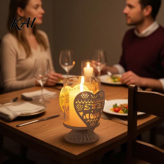 Holiday Gift for Her 2Pcs Christmas Hollow Metal Candle Holder, Vintage Tabletop Tealight Lantern, Xmas Glass Lamp Elk, Tree, Star & Heart Silhouette