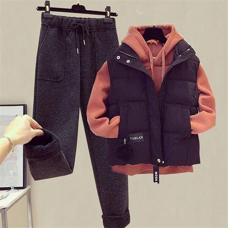 Dames Vintervarme Sett Pullover Hettegenser Vest + Bukser 2-delt Sett