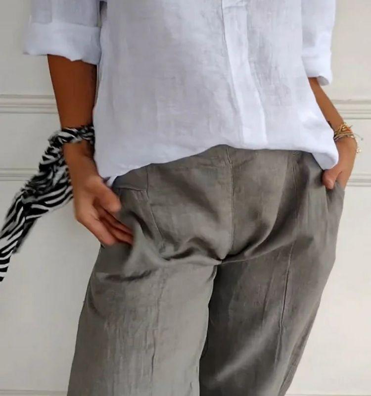 European Chic V-Neck Cotton Linen Mid-Sleeve Top for Plus Size Women - Spring/Summer