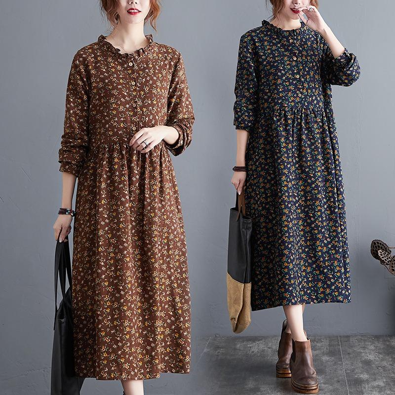Real Shot Autumn New Retro Literary Cotton and Linen Loose Large Size Floral Long-sleeved Dress Women