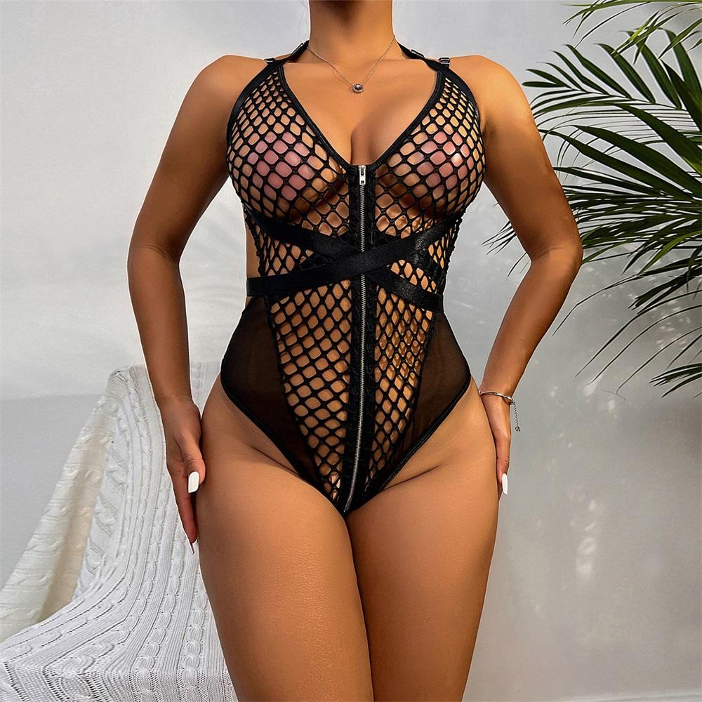 Aduloty Lingerie Sexy en maille creuse pour femmes, body à bretelles, col licou, été, mode fine, tentation, sous-vêtements érotiques