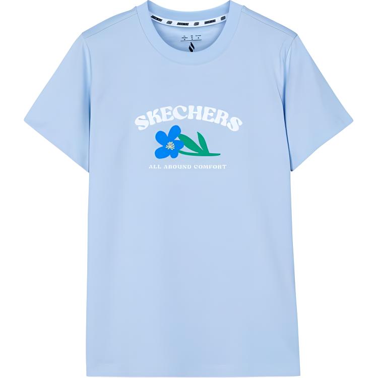 Skechers Letter Dopamine Floral Print Design Casual Pullover Round Neck Short Sleeve T-Shirt Women T-Shirt Cashmere-Blue L224W109-00F5 S