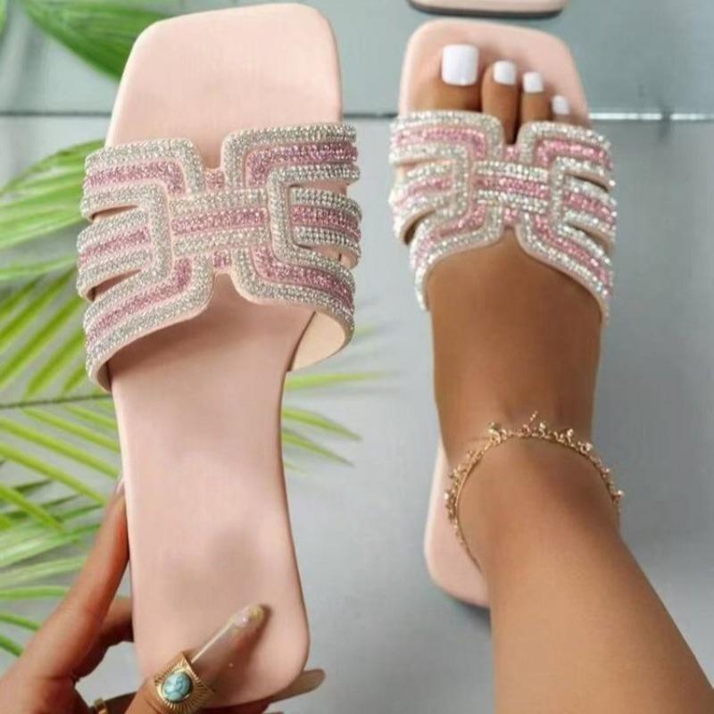 Summer Women Slippers  Outdoor Rhinestone Slippers Fashion Non-Slip Beach Shoes Comfortable Square Heel Sandals Slides Women