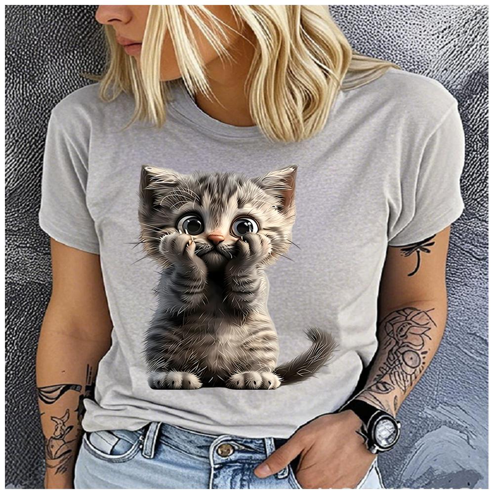 Unisex 100% Polyester Summer Top Cute and Playful Grey Tabby Cat Print Loose Round Neck Short Sleeve Fashion for Lovers