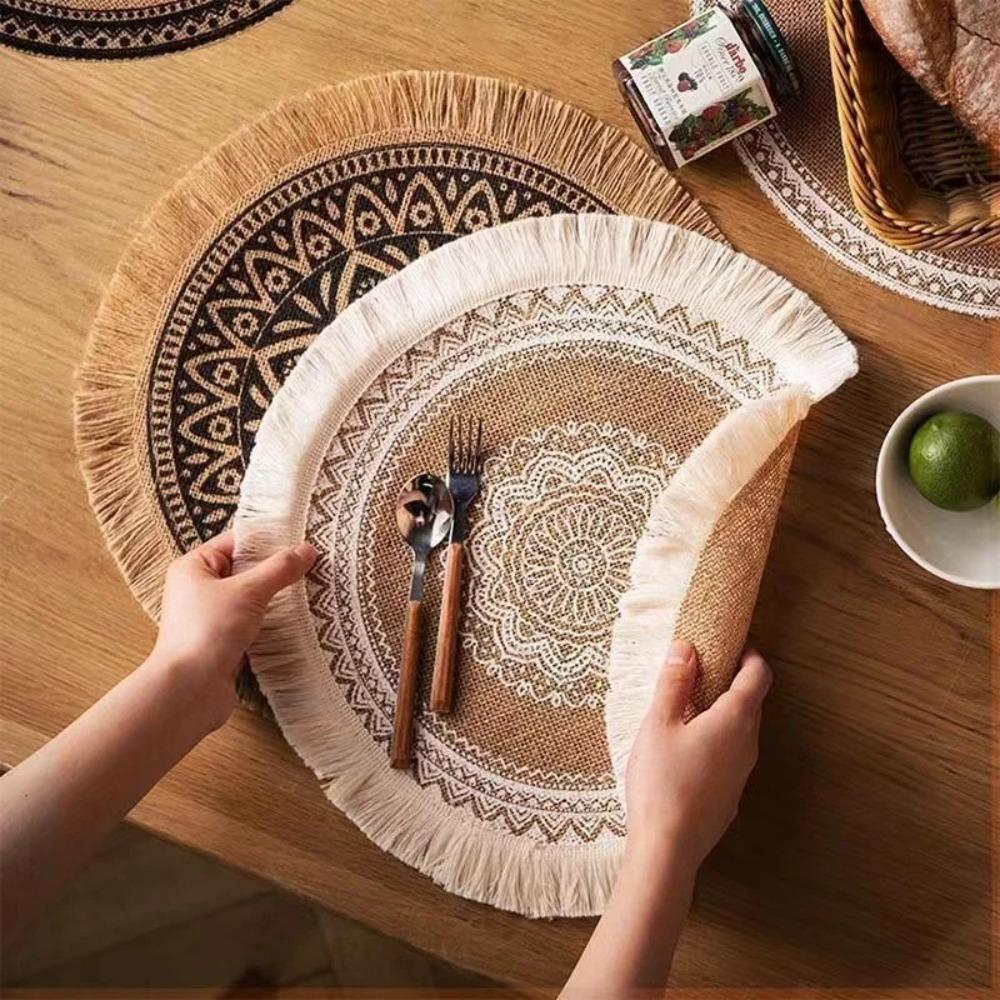 Non-Slip Round Placemat Heat Resistant Woven Vase Mats Vintage Cup Coaster Mat  Dining Table