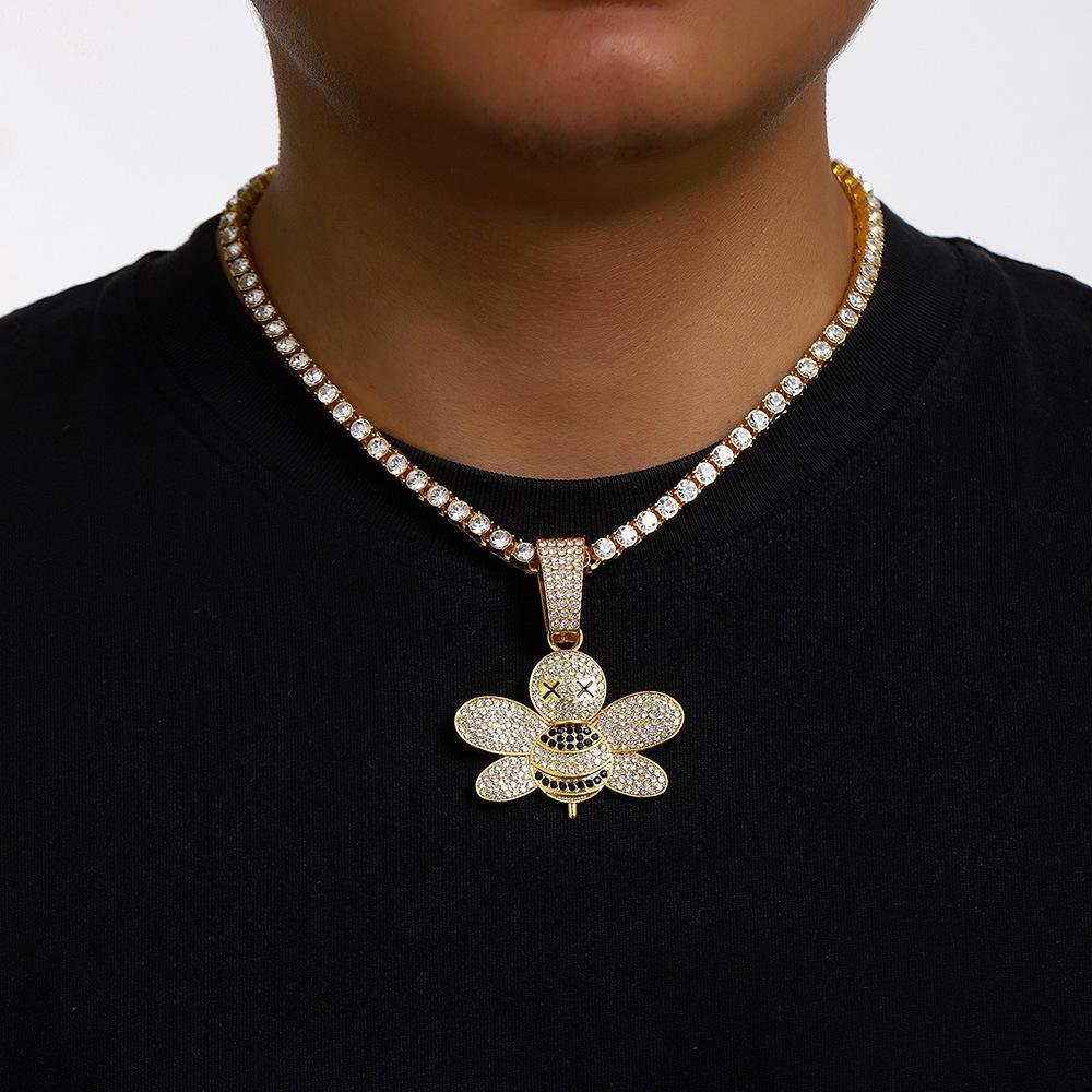 New Popular Hip-hop Full Diamond Little Bee Alloy Pendant, Hip-hop Cuban Chain Necklace, Fashionable Men's Necklace
