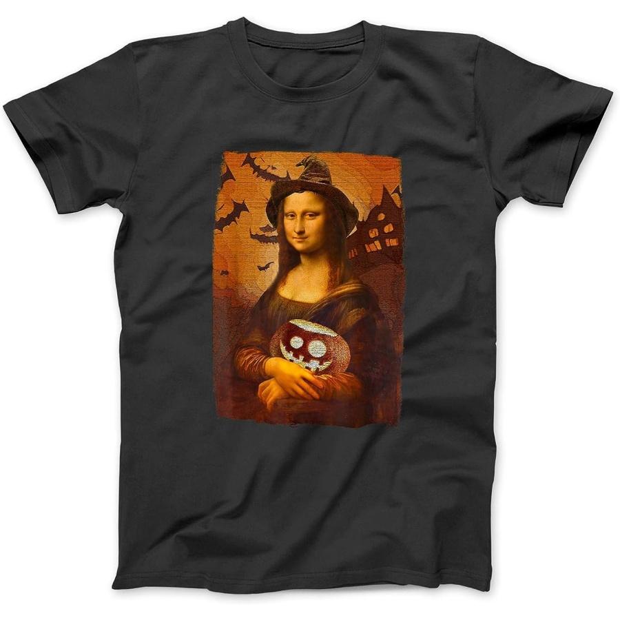 Mona Lisa with Pumpkin Halloween for Art Teacher Mona Lisa T-Shirt Sweatshirt Hoodie Tanktop for Men Women Kids Black S