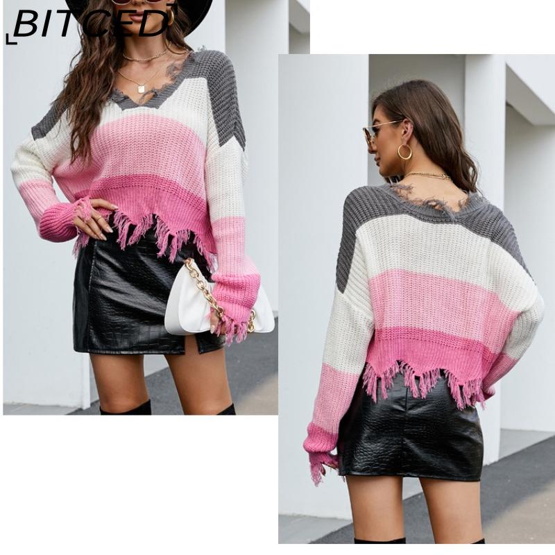 BITCED Women's Oversized Cropped V-Neck Sweater Women's Knit Sweater with Fringe for Fall/Winter