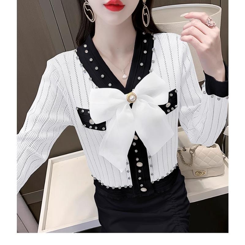 Spring Autumn Women Full Sleeve V-neck Luxury Diamond Beading Bowtie Knitted Sweater Single Breasted Cardigans Tops
