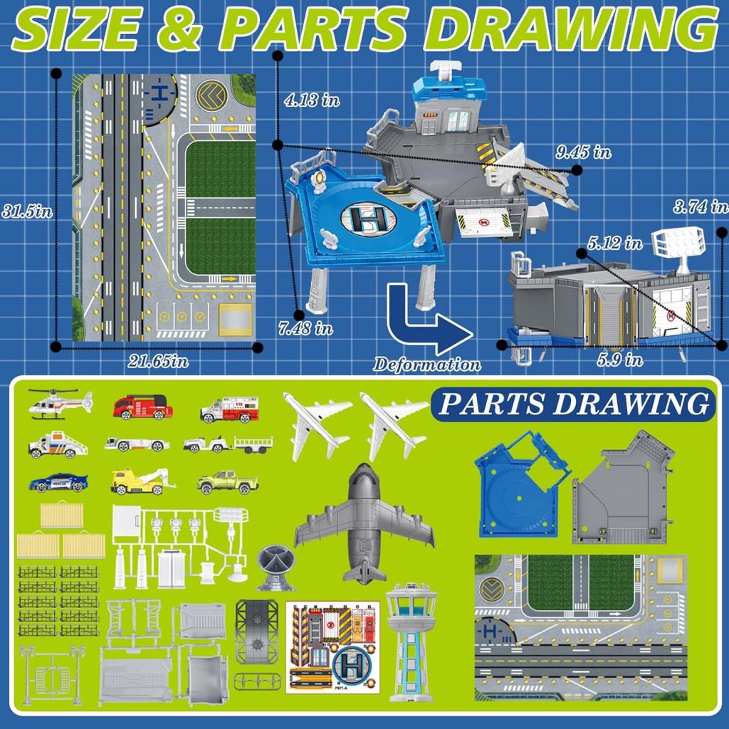 Children's Airport Scene Toy Set with Map, Control Tower, Parking Shed, Containers, Transport Aircraft, Passenger Planes, and Other Vehicles. Suitable