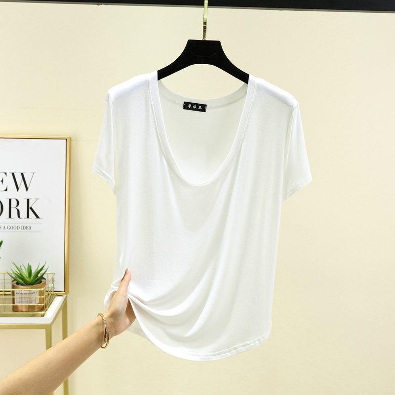 Dámský modální top s U výstřihem a polovičním rukávem - Jednobarevný, nadměrná velikost, letní tričko