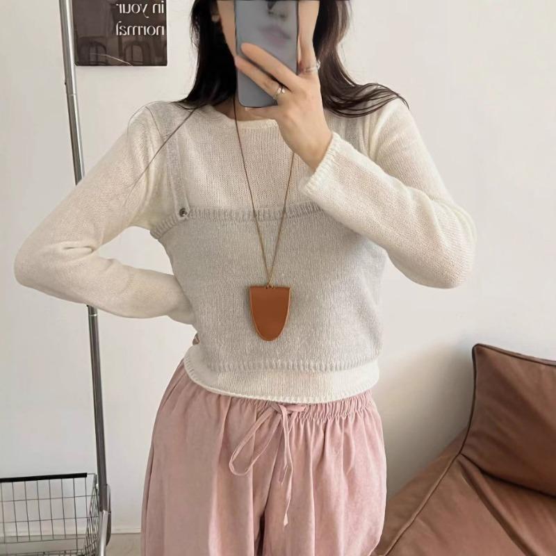 Herbst und Winter süßer und würziger weicher wachsartiger zweiteiliger Pullover weißes T-Shirt mit kleinem Träger gestrickte Weste für Damen