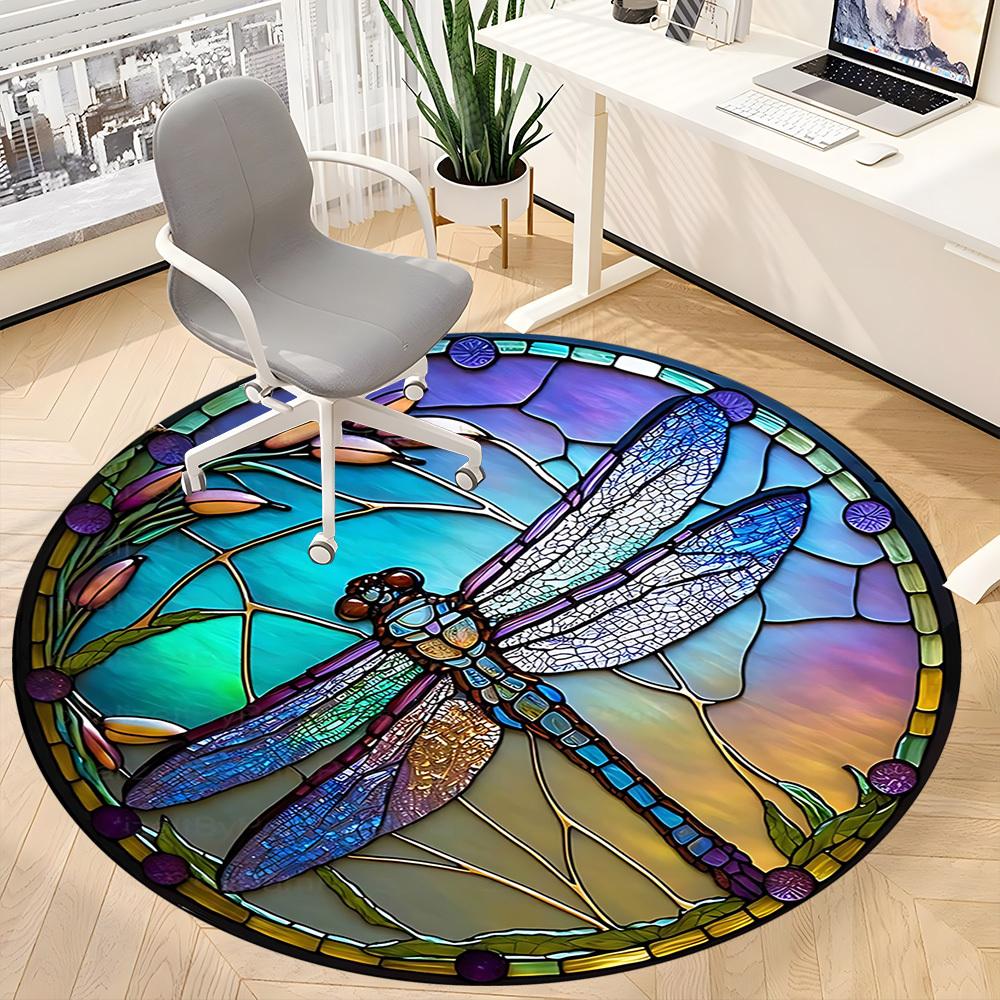 1PC Dragonfly StainedGlass Office Round Area Rug, Mat Suitable ForOffice, Under Office Chairs Bedroom Living Room Home Decor, Room Deco