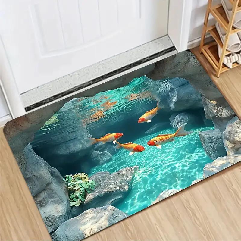 2D Koi Fish Waterfall Lotus Carpet Soft Non-Slip Corridor Decor Rug Oriental Style Pond Scene Entrance Doormat for Living Room