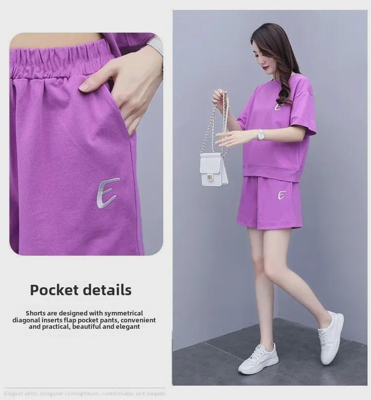 Women's Summer Embroidered Two-Piece Set: Short-Sleeved Top and Casual Loose Shorts