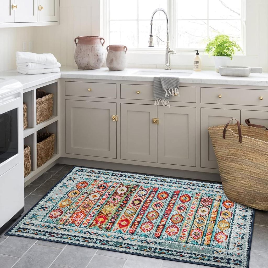 Modrozelený koberec Malé koberce Boho Koberce pratelné v pračce Protiskluzové pro vstupní halu Kuchyň Koupelna Ložnice Vintage Měkký Nízký vlas Modré Květiny Barevný