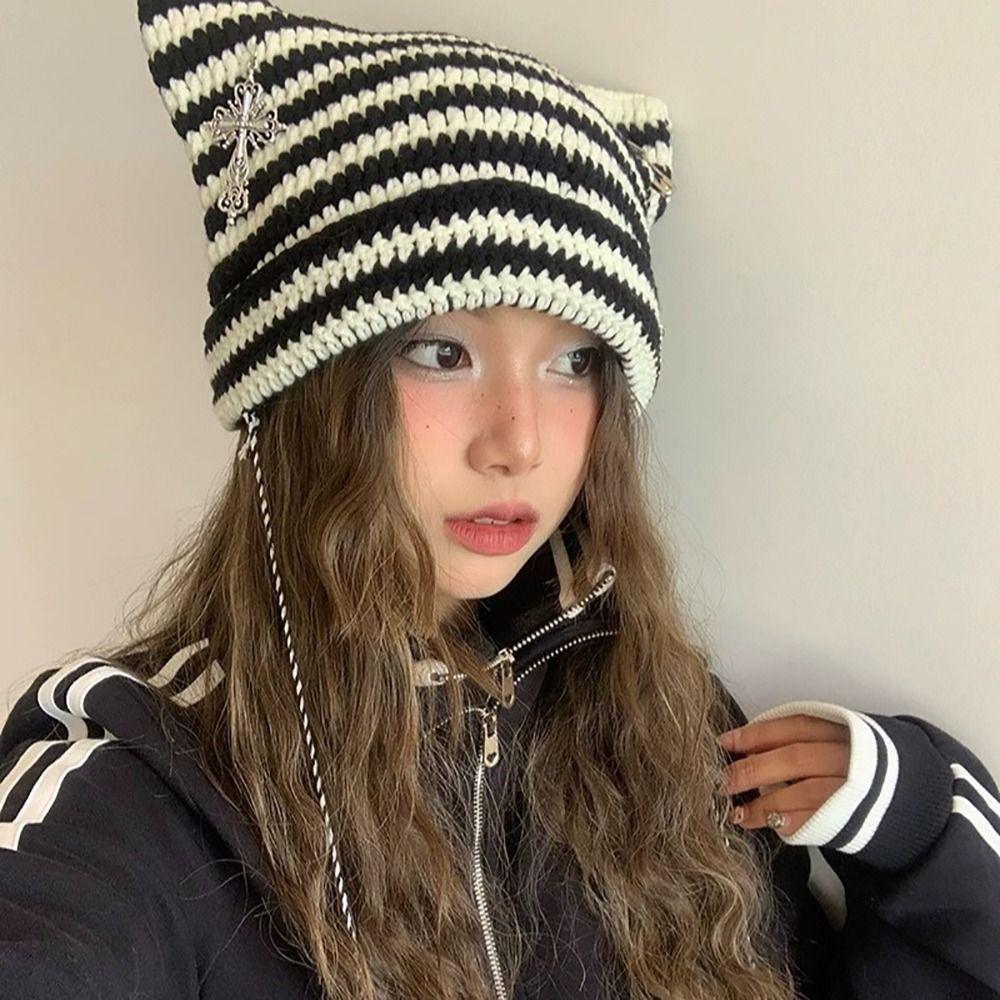 Y2K Cute Y2K Beanie Hat Striped Knitted Beanie Hat Star Devil Hat  Autumn Winter