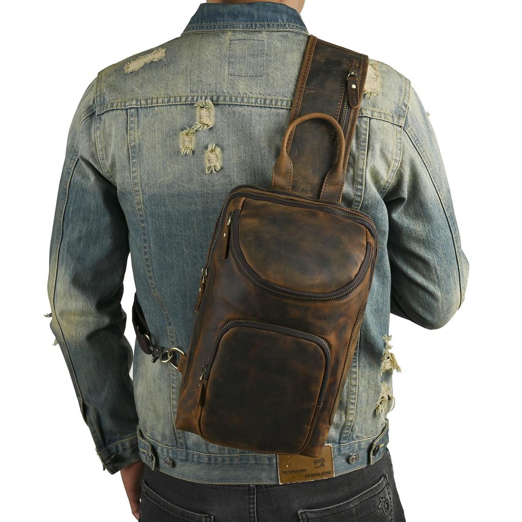 Top Layer Crazy Horse Leather Cowhide Men's Retro European and American Outdoor Multi Purpose 12 Inch Mobile Chest Bag Crossbody Bag