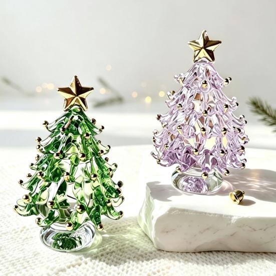 Decorative Glass Sculpture Glazed Christmas Tree Ornament with Star Topper, Colorful Party Table Decor Art, Faux Crystal Tabletop for Home Office Gift