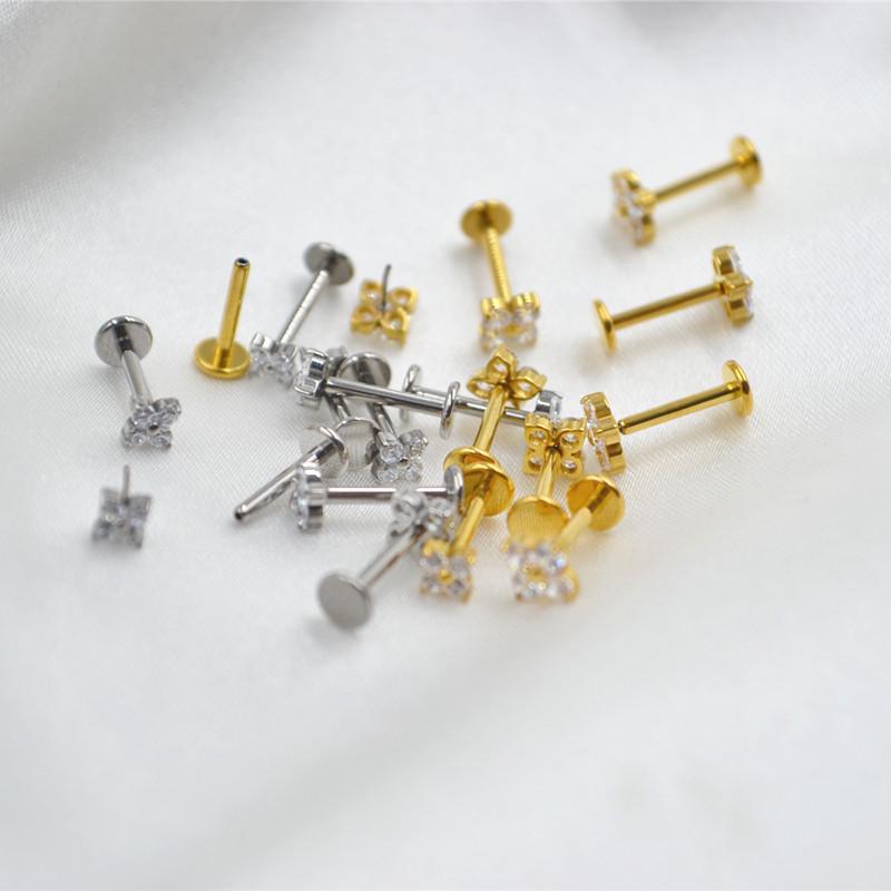 Titanium G23 ASTM F136 Push-in Labret Stud with Inlaid Zircon for Ear Cartilage Piercing