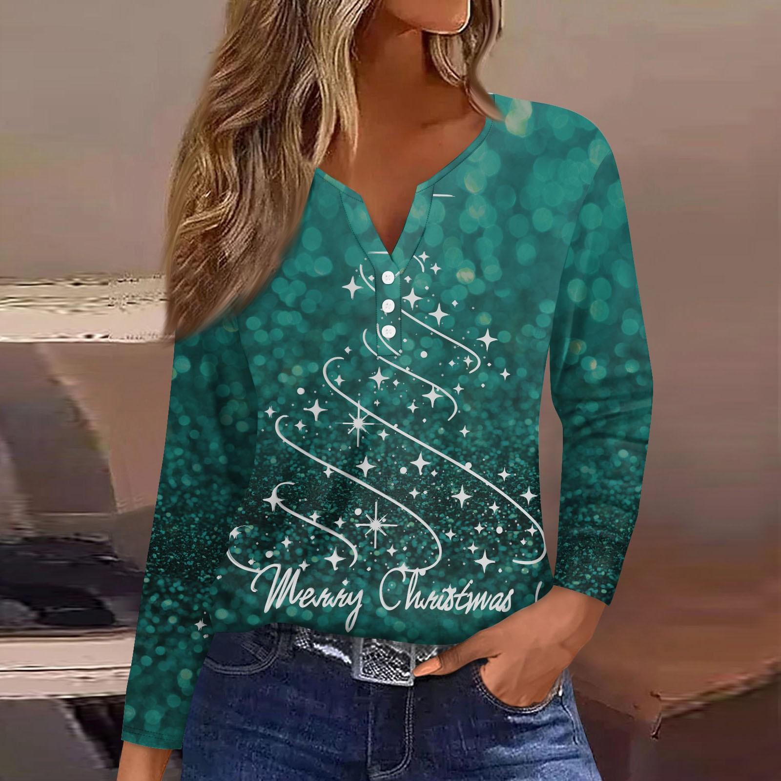 

Женская футболка с пуговицами и рождественским принтом, длинный рукав, повседневная, выходного дня, модная, базовая, с V-образным вырезом, обычная XL