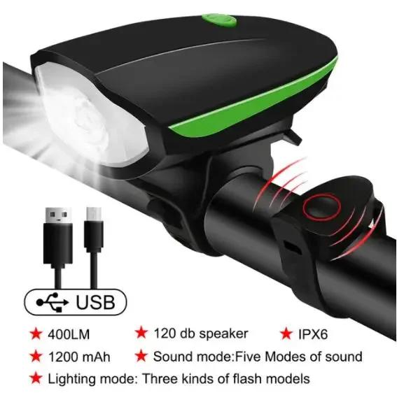 Bicycle Front Light with Bike Horn USB Rechargeable Bike Front Lamp Electronic Bell Cycling Flashlight Lantern MTB Accessories
