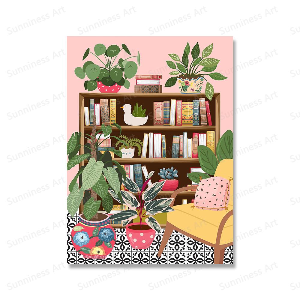 Animal Highland Cow In Bathroom Wall Art Canvas Painting Posters Botanical Library Monstera Leaf Print For Coffee Bar Home Decor