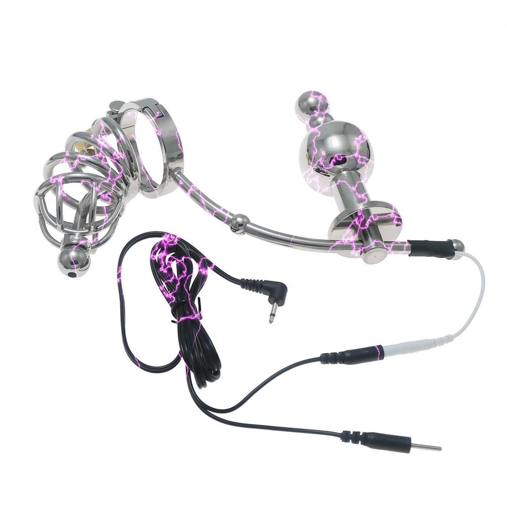 Chaqiu Electric Pulse CB Chastity Cage & Lock with Anal Plug Stainless Steel Set