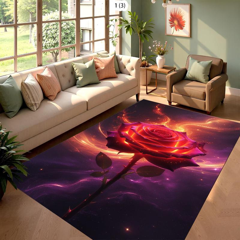 Magical Galaxy Red Rose Area Rug Fantasy Floral Starry Sky Soft Non-Slip Carpet Romantic Living Room Rug for Bedroom Girls Room
