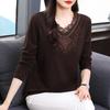 Damenbekleidung Herbst Winter Stilvolle Strassspitze Patchwork Dicke Basic T-Shirts Damen Einfarbig V-Ausschnitt Langarm Locker Oberteile