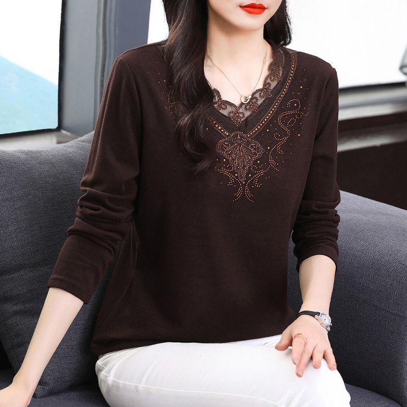 Damenbekleidung Herbst Winter Stilvolle Strassspitze Patchwork Dicke Basic T-Shirts Damen Einfarbig V-Ausschnitt Langarm Locker Oberteile