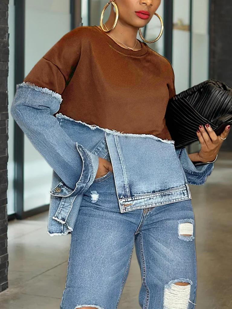 Women's Black Top with Denim Sleeve Patchwork Design