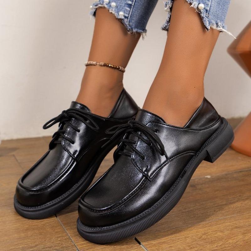 Fashion Large Size Loafers Female Black Single Shoes Female Summer 2025 New Lace-up British Style Small Leather Shoes