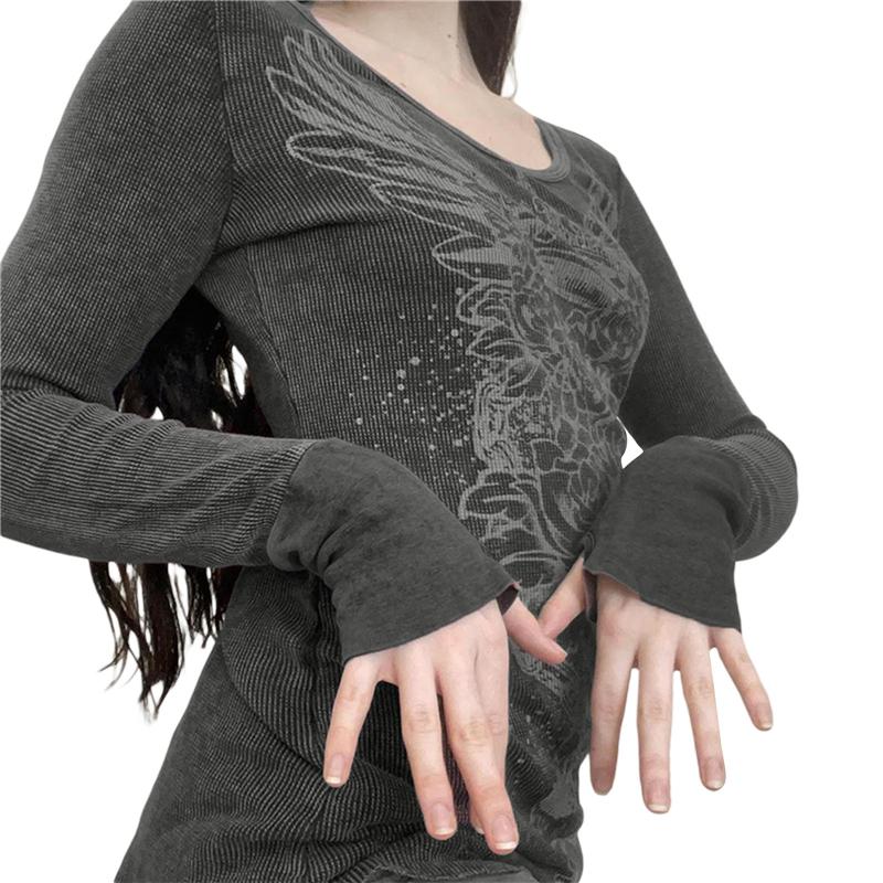 Graphic T Shirt Vintage Fairy Grunge Floral Wings Print Long Sleeve Tops Y2k Women Clothes Basic Harajuku Tee