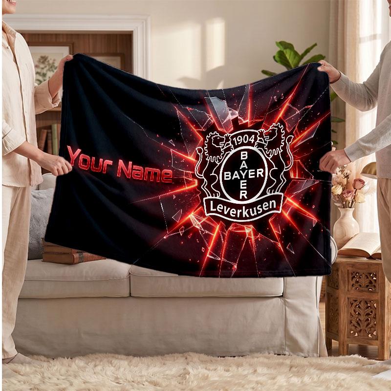 Bayer Leverkusen Football Personalized Fleece Blanket With Football Logo, Custom Name Text Soft Warm Home Throw Blanket