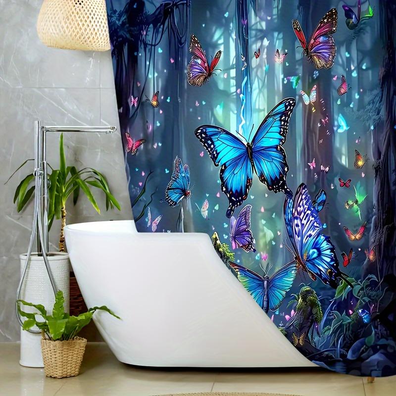 Vibrant Blue Forest Butterfly Shower Curtain With Hooks-Animal Print, Decorative Shower Curtain Available All Season 180X180Cm