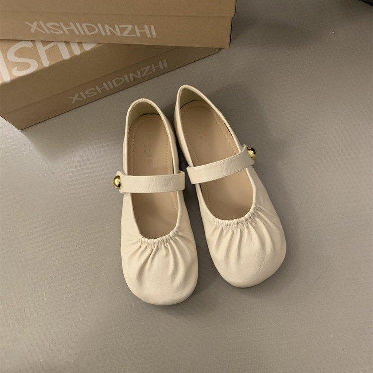 

Дизайнерские плиссированные туфли Мэри Джейн с круглым носком, женские, лето 2025, новые, с мелким вырезом, на плоской подошве, для通勤 39