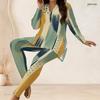 Women Plus Size Green Yellow Printed Half Zip Long Sleeve Top And Long Pants Two Piece Set