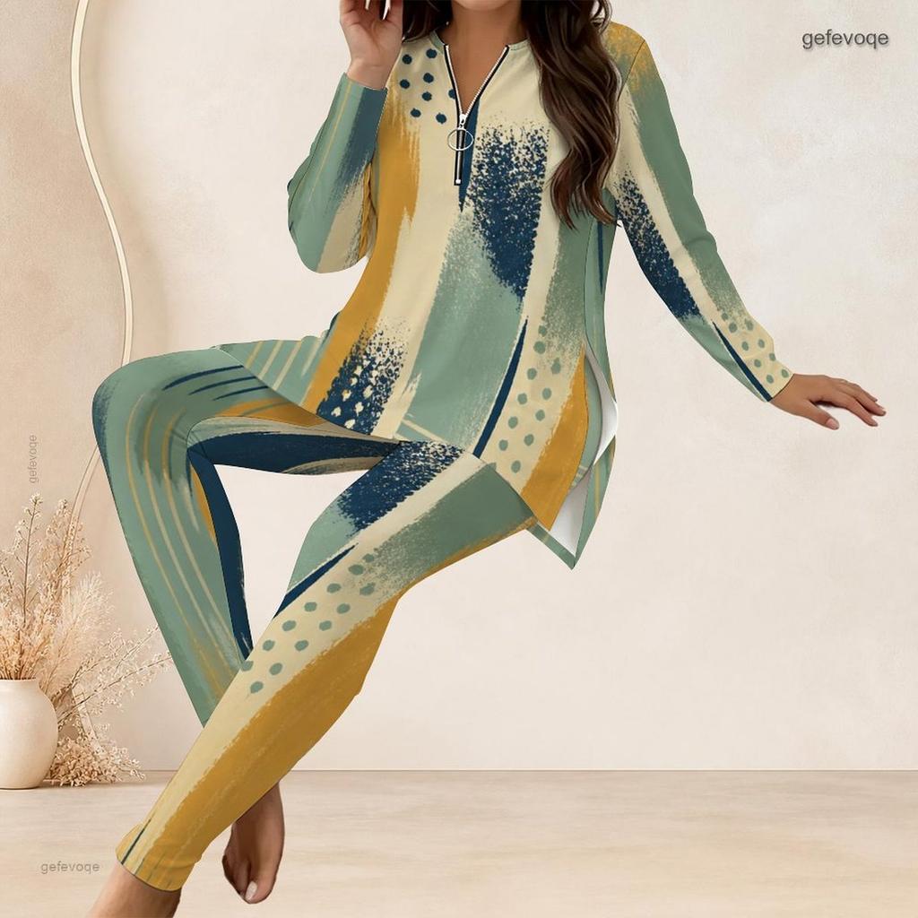 Women Plus Size Green Yellow Printed Half Zip Long Sleeve Top And Long Pants Two Piece Set