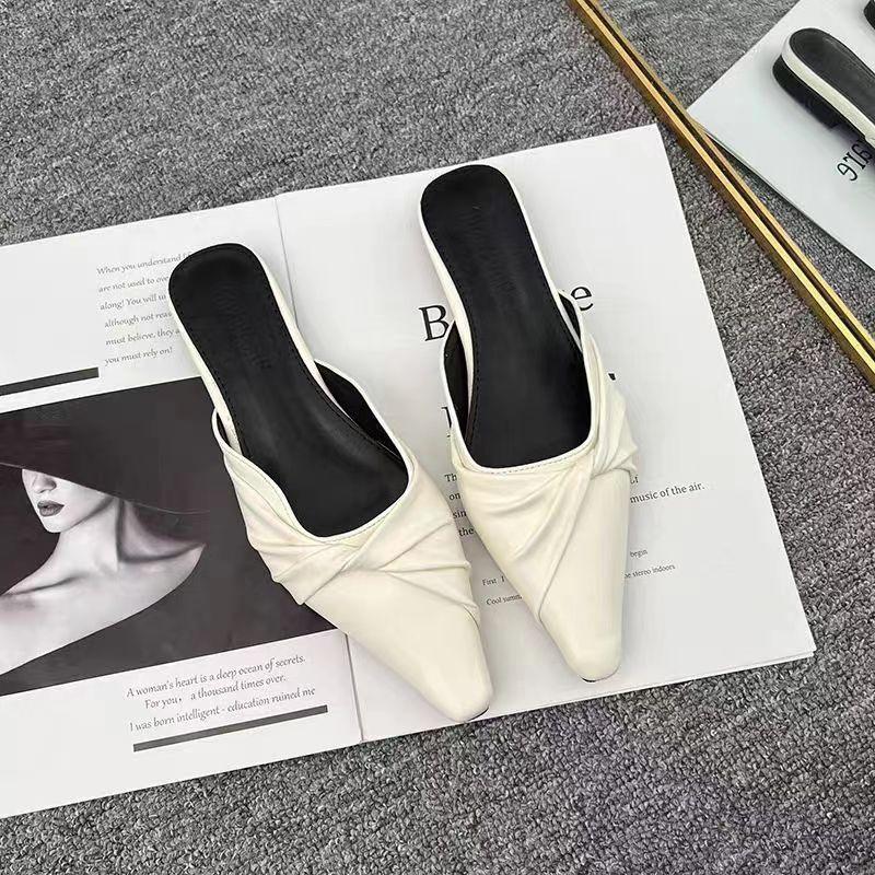 

French pleated baotou half slippers women s summer 2024 new silver temperament one pedal square head lazy muller shoes 40